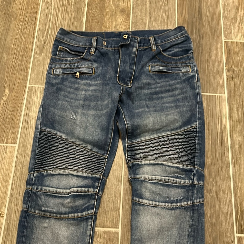 Balmain Distressed Mid-Rise Slim Fit Straight Legged Blue Jeans (US 33)